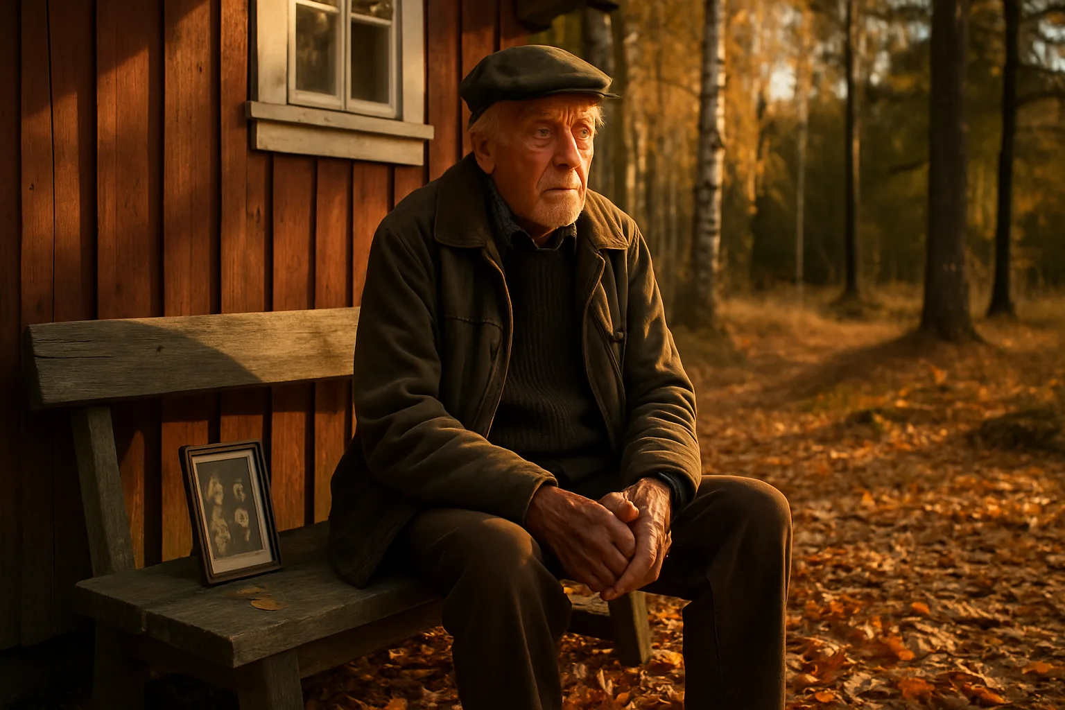 En medelålders man sitter på en bänk vid en röd stuga omgiven av höstlöv, med ett inramat fotografi bredvid sig, fångar stämningen av reflektion och naturens stillhet.Midcent: Samhälle.