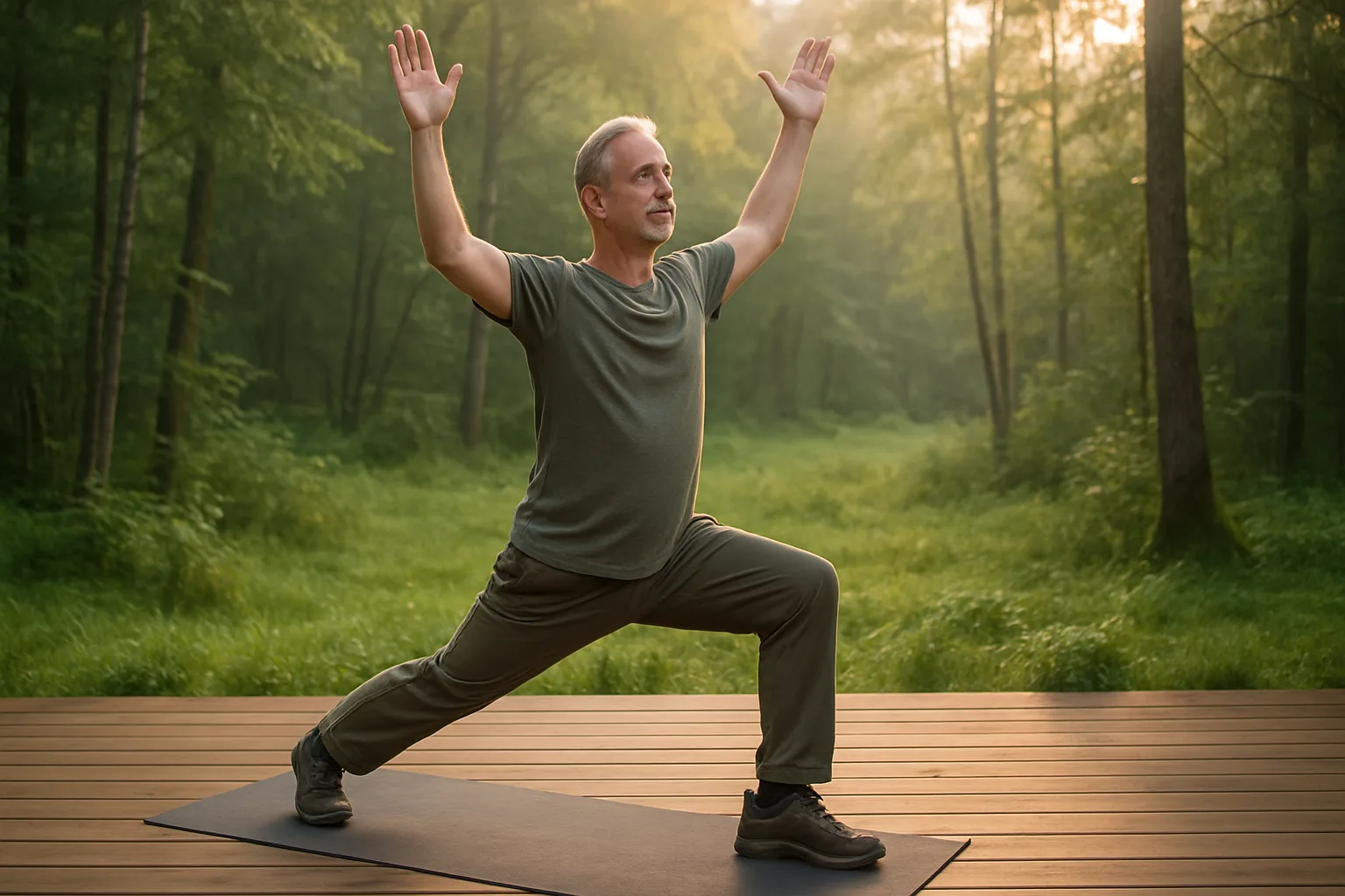 Midcent. En medelålders man gör yoga i skogen, klädd i grönt. Han står i en krigare II-position på en yogamatta med lugnt ansiktsuttryck. Morgonens solstrålar filtreras genom träden. Kategori: Hälsa.