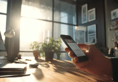 Midcent: En medelålders man i modernt kontor, håller smartphone i solbelyst miljö. Fokus på teknik och mobilanvändning i arbetsplatsens atmosfär. Fokuserat arbetssätt med digital kommunikation.Kategori: Teknik.