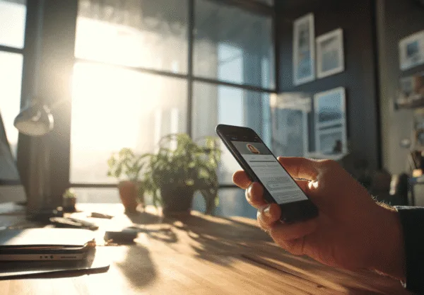 Midcent: En medelålders man i modernt kontor, håller smartphone i solbelyst miljö. Fokus på teknik och mobilanvändning i arbetsplatsens atmosfär. Fokuserat arbetssätt med digital kommunikation.Kategori: Teknik.