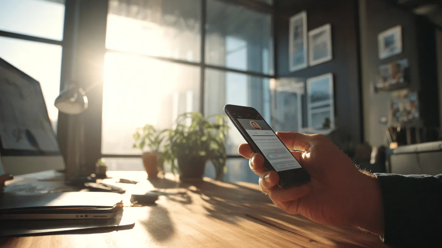 Midcent: En medelålders man i modernt kontor, håller smartphone i solbelyst miljö. Fokus på teknik och mobilanvändning i arbetsplatsens atmosfär. Fokuserat arbetssätt med digital kommunikation.Kategori: Teknik.