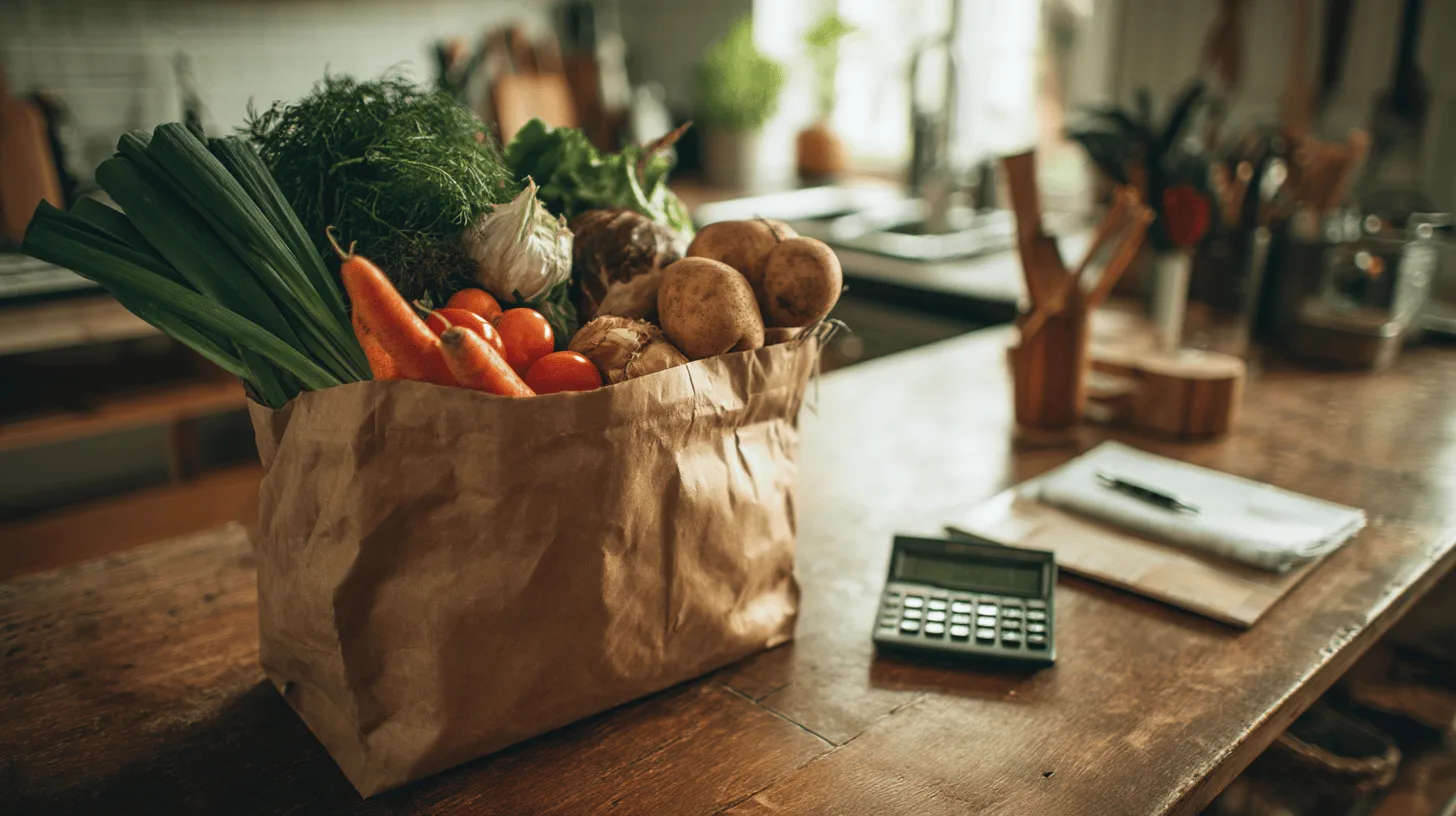 Midcent: Papperspåse fylld med färska grönsaker i ett kök, bredvid en miniräknare och anteckningsblock, symboliserar hållbar livsstil och budgetmedvetenhet. Perfekt för artiklar om ekologi, matlagning och ekonomisk planering. Kategori