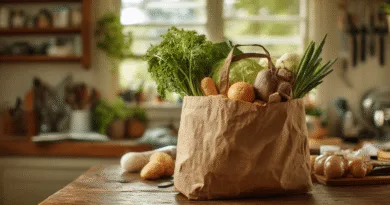 Midcent presenterar en papperspåse fylld med färska grönsaker i ett lantligt kök. Denna bild fångar essensen av hållbarhet och lokala produkter, perfekt för matentusiaster och miljövänner. Kategori: Mat.