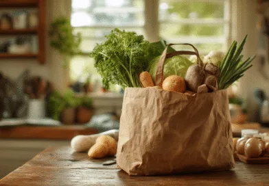 Midcent presenterar en papperspåse fylld med färska grönsaker i ett lantligt kök. Denna bild fångar essensen av hållbarhet och lokala produkter, perfekt för matentusiaster och miljövänner. Kategori: Mat.