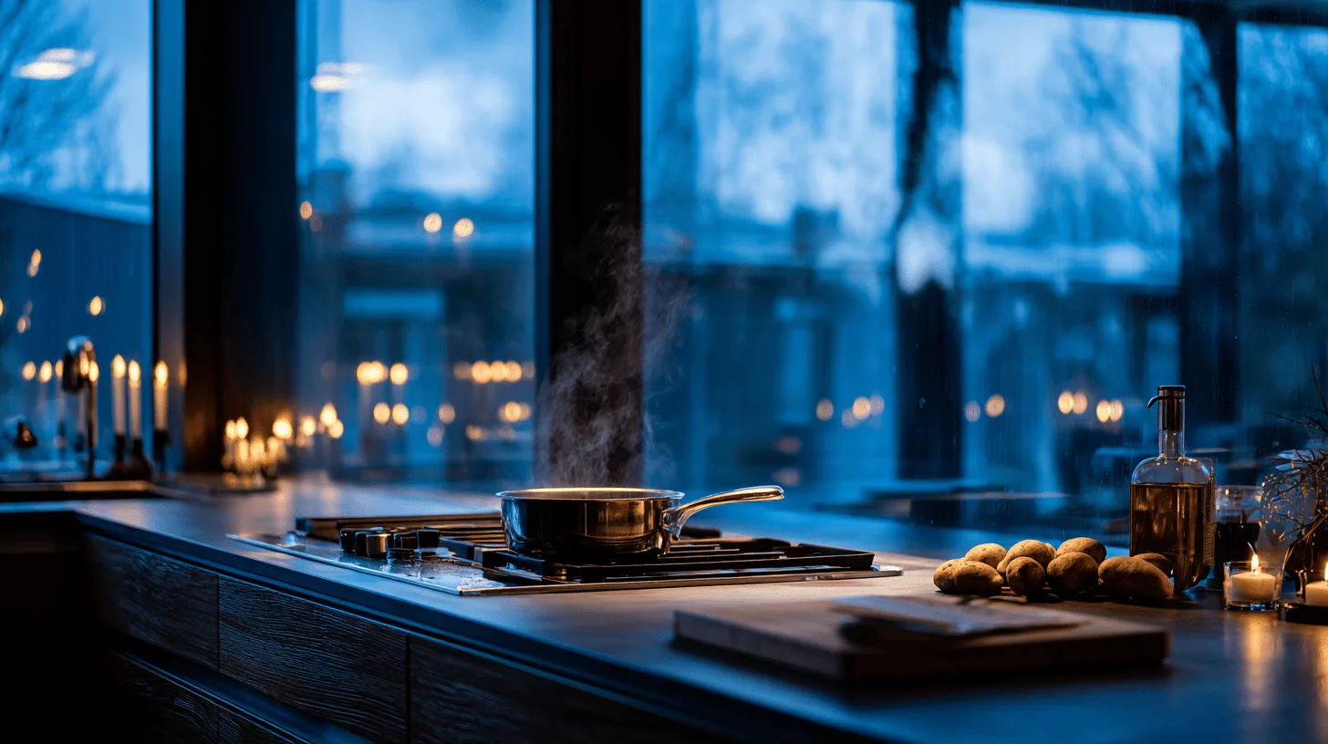 Midcent kök: En varm och inbjudande köksmiljö med kokande kastrull och dämpad belysning. Perfekt för matlagning och gastronomiska upplevelser. Skapa stämning med stearinljus och rustik inredning. Kategori: Mat.