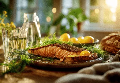 Midcent: En delikat tallrik med perfekt grillad lax serverad med quinoa, färgglad sallad och ett glas vitt vin på ett rustikt träbord, idealisk för hälsosamma middagar utomhus. Kategori: Mat.