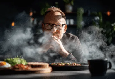 Midcent presenterar en atmosfärisk bild där en medelålders man reflekterar över ångande maträtter. Med fokus på kulinarisk njutning och gemenskap, fångas ögonblicket med skarp precision. Perfekt för alla matälskare och de som söker sinnesro.