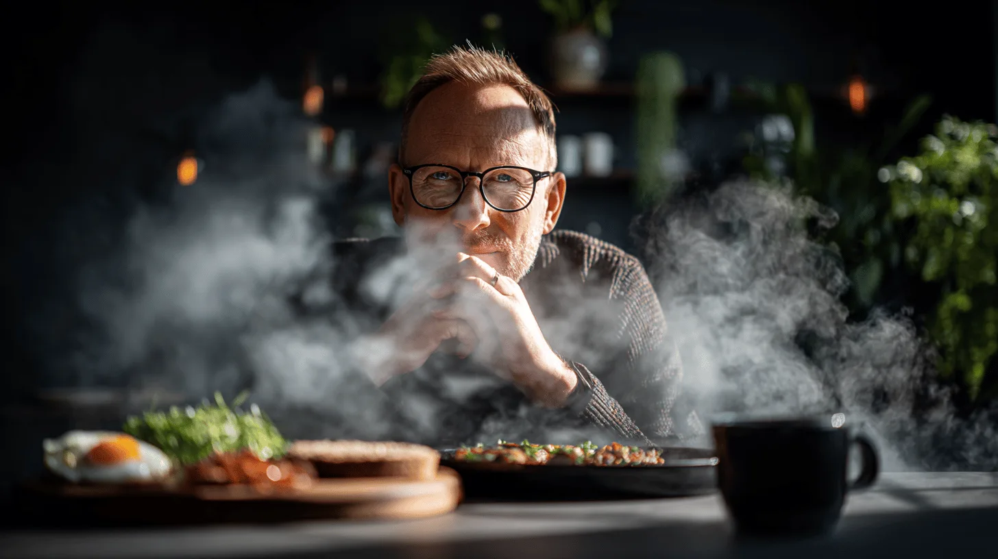Midcent presenterar en atmosfärisk bild där en medelålders man reflekterar över ångande maträtter. Med fokus på kulinarisk njutning och gemenskap, fångas ögonblicket med skarp precision. Perfekt för alla matälskare och de som söker sinnesro.