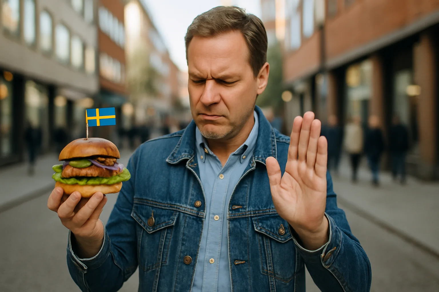 Midcent: En medelålders man visar tydligt ogillande gentemot en hamburgare prydd med svensk flagga. Bilden fångar en frustrerad uttryck på en gata med bakgrund av en stadsbild. Kategori: Mat.