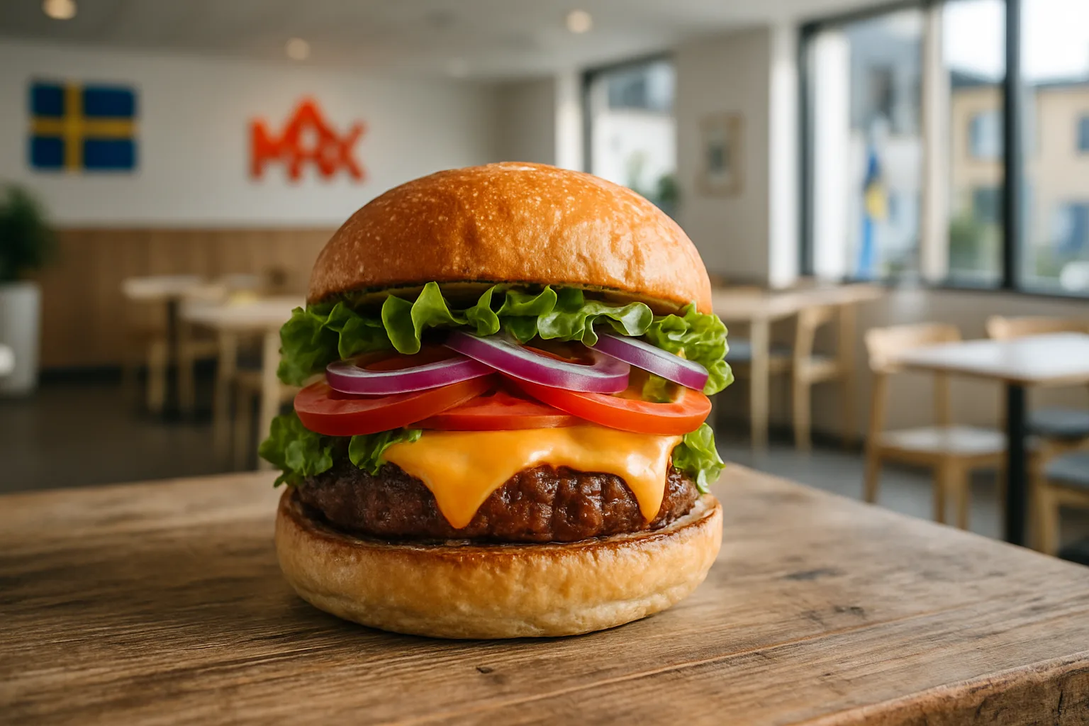 Midcent presenterar en saftig hamburgare fylld med ost, sallad, tomat och lök. Bakgrunden visar en svensk flagga och restaurangmiljö, vilket framhäver svensk matkultur. Perfekt för dig som älskar snabbmat och unika smakupplevelser. Kategori: Mat.