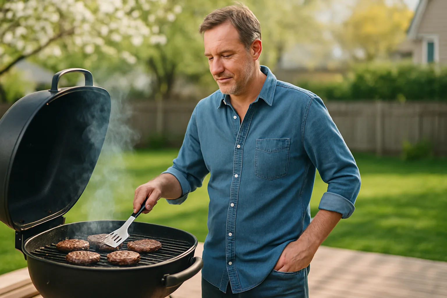 Midcent: En medelålders man grillar hamburgare i en grönskande trädgård. Hanterar grillen med precision och förbereder en smakfull måltid. Perfekt illustration av sommar och utomhusmatlagning. Mat.