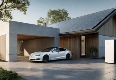 Modernt hus med solpaneler och elbil på uppfarten, vilket symboliserar hållbar teknologi och framtidens hem. Midcent: Teknik.