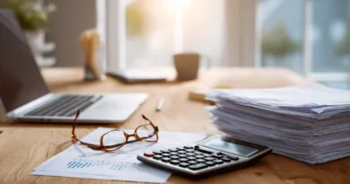 Midcent: Effektiv arbetsmiljö med laptop, papper och kalkylator. Perfekt för produktivitet och organisation. Kategorin är Ekonomi.