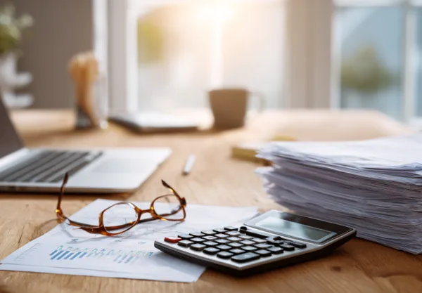 Midcent: Effektiv arbetsmiljö med laptop, papper och kalkylator. Perfekt för produktivitet och organisation. Kategorin är Ekonomi.