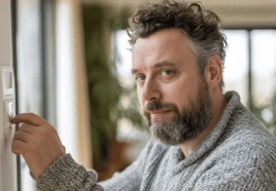 Midcent presenterar: En medelålders man justerar temperaturen på en termostat i ett modernt hem. Denna inställning förbättrar energieffektivitet och komfort. Kategori: Teknik.