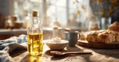 Midcent: En ljusfylld frukostscen med en flaska olja, skål med gräddfil och färskt bröd på ett rustikt bord. Perfekt för matälskare och de som njuter av hälsosam livsstil. Kategori: Mat.