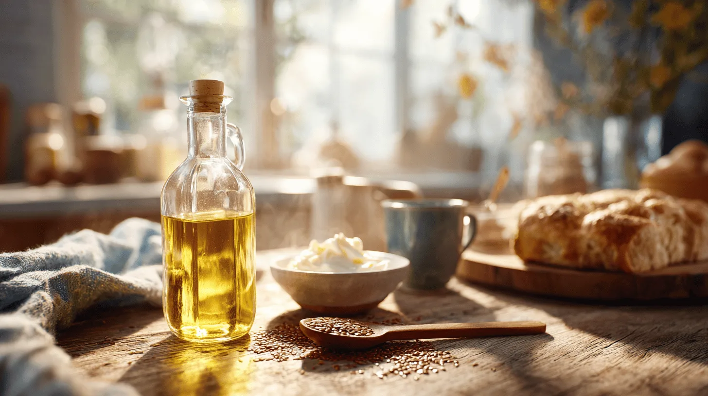Midcent: En ljusfylld frukostscen med en flaska olja, skål med gräddfil och färskt bröd på ett rustikt bord. Perfekt för matälskare och de som njuter av hälsosam livsstil. Kategori: Mat.