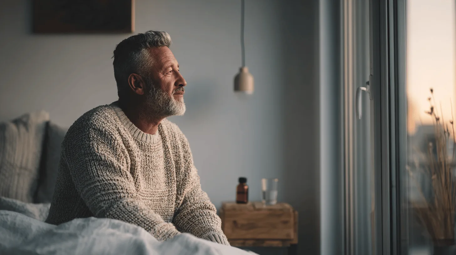 Midcent: En medelålders man i en stickad tröja njuter av solnedgången genom ett fönster. Inneboende lugn och eftertanke karakteriserar stunden i ett modernt hem. Kategori: Hälsa.