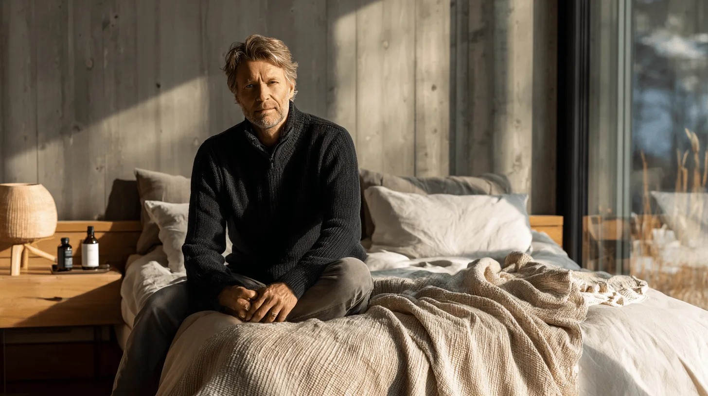 Midcent: En medelålders man sitter på sängen i ett stilrent sovrum, omgiven av naturligt ljus och moderna detaljer, vilket skapar en harmonisk och avkopplande atmosfär. Kategori: Heminredning.