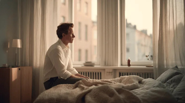Midcent: En medelålders man sitter på en säng i ett stilrent sovrum och blickar tankfullt ut genom fönstret. Den lugna atmosfären och mjuka morgonljuset skapar en fridfull stämning. Kategori: Hem och inredning.