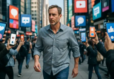 En medelålders man går genom en stad med människor som håller upp smartphones runt honom. Digitala ikoner svävar i bakgrunden, vilket antyder en teknologisk kontext.Midcent – Teknik.