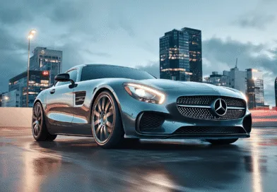 Midcent - En elegant sportbil från Mercedes-Benz ståtar framför en modern stadsbakgrund under en mulen himmel. Perfekt för bilentusiaster och stadsälskare. Kategori: Teknik.