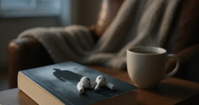 Midcent: Mysig hörna med fokuserad avslappning, en bok med hörlurar och en varm kopp kaffe i en inbjudande fåtöljmiljö, perfekt för att njuta av en stillsam stund. Kategori: Underhållning.
