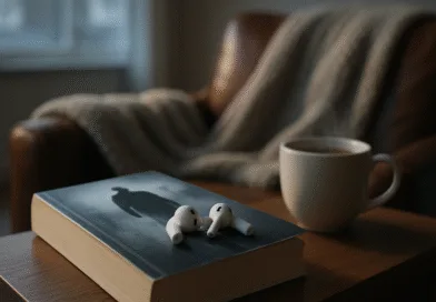 Midcent: Mysig hörna med fokuserad avslappning, en bok med hörlurar och en varm kopp kaffe i en inbjudande fåtöljmiljö, perfekt för att njuta av en stillsam stund. Kategori: Underhållning.