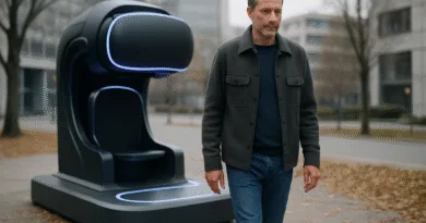 En medelålders man promenerar utomhus bredvid en futuristisk teknisk stol med LED-belysning. Stadsmiljö i bakgrunden under hösten. Nyckelord: teknologi, innovation, futurism. Midcent – Teknik.