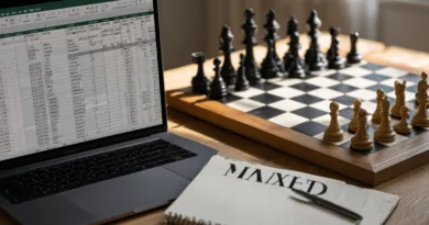 Midcent visar en medelålders man som arbetar med Excel på en laptop, omgiven av ett schackbräde. Den lugna miljön förenar strategi och databehandling, vilket ger en inspirerande känsla av fokus och intellektuell utmaning. Kategori: Samhälle.