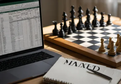 Midcent visar en medelålders man som arbetar med Excel på en laptop, omgiven av ett schackbräde. Den lugna miljön förenar strategi och databehandling, vilket ger en inspirerande känsla av fokus och intellektuell utmaning. Kategori: Samhälle.