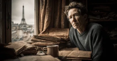 En medelålders man sitter i ett rum fullt av papper med utsikt över Eiffeltornet. Tanken och reflektion genomsyrar scenen, med en kopp kaffe på bordet. Midcent. Resa.