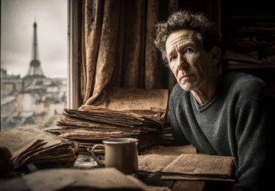 En medelålders man sitter i ett rum fullt av papper med utsikt över Eiffeltornet. Tanken och reflektion genomsyrar scenen, med en kopp kaffe på bordet. Midcent. Resa.