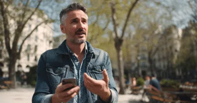 Midcent: En medelålders man pratar engagerat i en park medan han håller en mobiltelefon. Soligt väder och avslappnad atmosfär. Perfekt för teknik- eller kommunikationskategorin. Teknik.