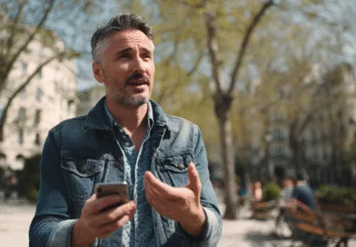 Midcent: En medelålders man pratar engagerat i en park medan han håller en mobiltelefon. Soligt väder och avslappnad atmosfär. Perfekt för teknik- eller kommunikationskategorin. Teknik.