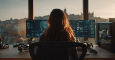 Midcent: Ett modernt kontorslandskap med en person vid en dator framför stora fönster med stadsutsikt, fokus på högteknologi och kreativitet. Kategorin: Teknik.