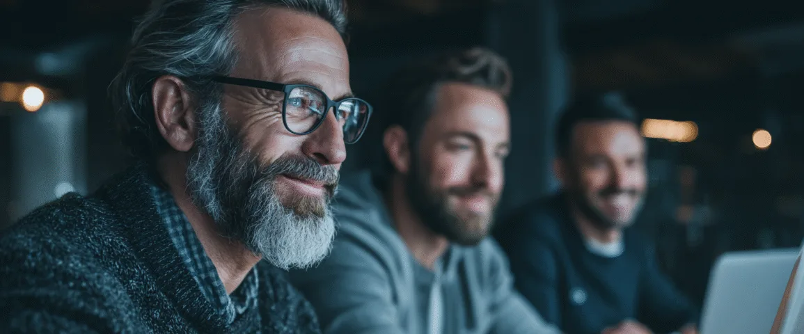 Midcent: En medelålders man och andra människor arbetar tillsammans i en kreativ och inspirerande arbetsmiljö, fokuserade på datorn. Teamwork och innovation driver projektet framåt. Teknik.