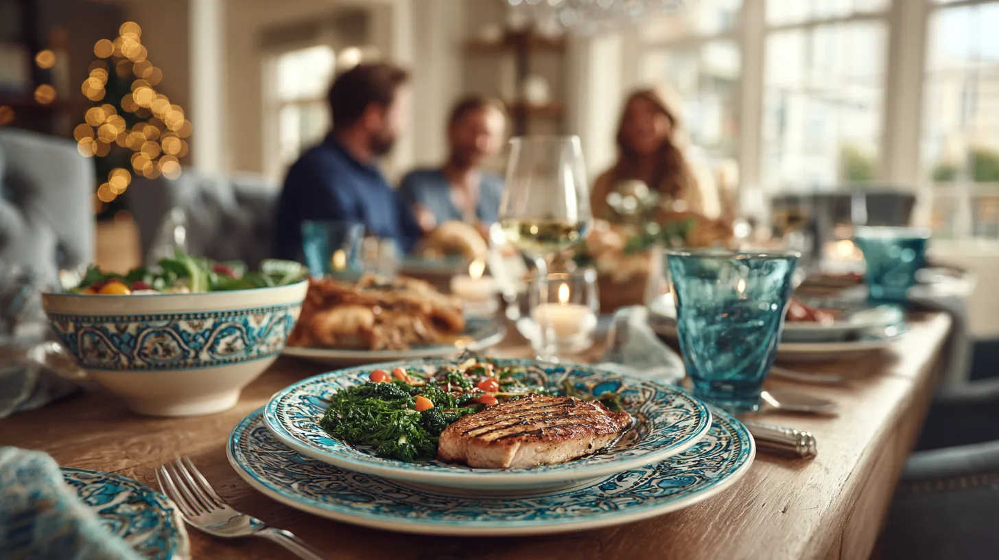 Elegant matbord med Midcent-inspirerad inredning. Färgstarka rätter och ljus skapar en varm atmosfär för sociala sammankomster. Perfekt för att inspirera till minnesvärda middagar och festligheter. Kategori: Mat.
