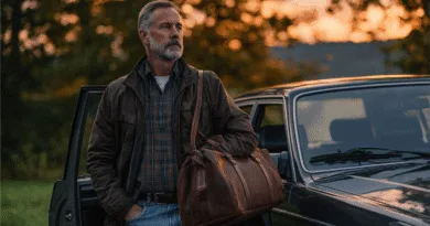 Midcent: En medelålders man står vid en bil under solnedgång med en läderväska i handen. Han bär en avslappnad outfit och blickar tankfullt bort. Natur och resor kombineras stämningsfullt. Kategori: Resa.