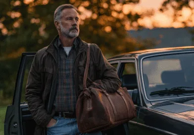 Midcent: En medelålders man står vid en bil under solnedgång med en läderväska i handen. Han bär en avslappnad outfit och blickar tankfullt bort. Natur och resor kombineras stämningsfullt. Kategori: Resa.