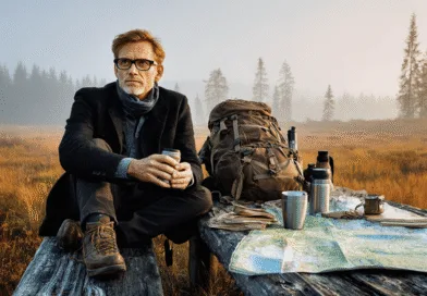En medelålders man sitter utomhus på en träbänk med en ryggsäck och karta, omgiven av ett vackert skogslandskap. Han håller en kopp, klädd i jacka och stövlar. Midcent. Resa.
