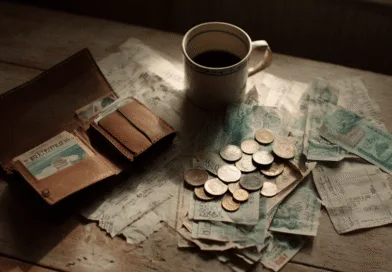 Midcent: En läderplånbok fylld med sedlar placerad på ett träbord bredvid en kopp kaffe och utspridda mynt, vilket skapar en rustik och nostalgisk känsla. Ekonomi.