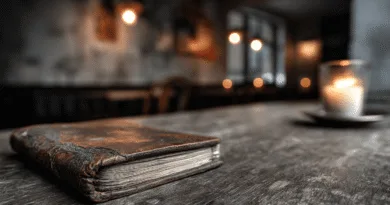 Midcent: En gammal, sliten bok ligger på ett träbord i ett svagt upplyst rum, med ett brinnande ljus i bakgrunden som skapar en mystisk atmosfär. Perfekt för litterära entusiaster och romantiska miljöer. Kategori: Underhållning.