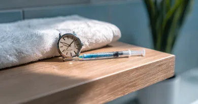 Midcent: Klocka och spruta på träyta i badrumsmiljö, symboliserar tid och hälsa. Plats för eftertanke eller daglig rutin.