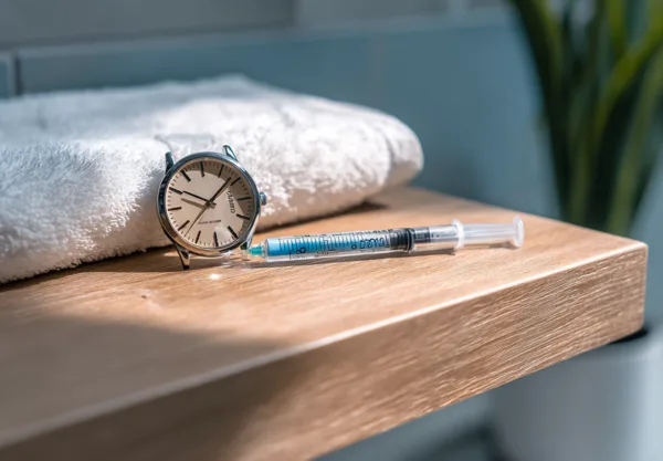 Midcent: Klocka och spruta på träyta i badrumsmiljö, symboliserar tid och hälsa. Plats för eftertanke eller daglig rutin.