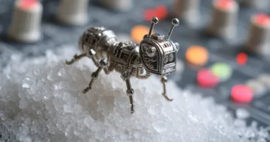 Midcent: En futuristisk robotmyra av metall placerad på en hög av vita kristaller. Bakgrunden består av suddiga, färgglada knappar, vilket antyder en teknisk miljö. Perfekt för teknik- och innovationsteman. Kategori: Teknik.