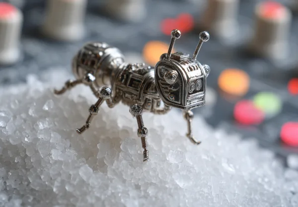 Midcent: En futuristisk robotmyra av metall placerad på en hög av vita kristaller. Bakgrunden består av suddiga, färgglada knappar, vilket antyder en teknisk miljö. Perfekt för teknik- och innovationsteman. Kategori: Teknik.