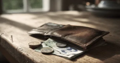 Midcent Ekonomi: En välanvänd brun läderplånbok ligger på ett rustikt träbord. Omgiven av mynt och sedlar, reflekterar den enkelhet och ekonomi i en tidlös vardagsmiljö. Perfekt för finansiell inspiration och budgetplanering.