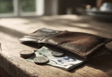 Midcent Ekonomi: En välanvänd brun läderplånbok ligger på ett rustikt träbord. Omgiven av mynt och sedlar, reflekterar den enkelhet och ekonomi i en tidlös vardagsmiljö. Perfekt för finansiell inspiration och budgetplanering.