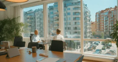 Midcent: Stadsutsikt och arbetsmöte i modern kontorsmiljö med naturligt ljus och grönska. Perfekt för produktiva diskussioner med en medelålders man i fokus. Inspirerande urbana vyer utanför fönstret.Kategori: Ekonomi.